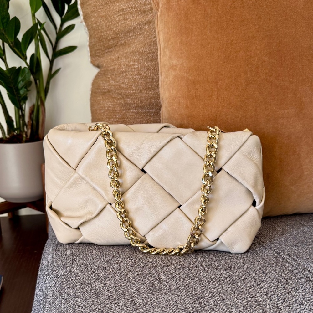 Vestirsi Gabrielle Oat Woven Leather Bag With Gold Hardware